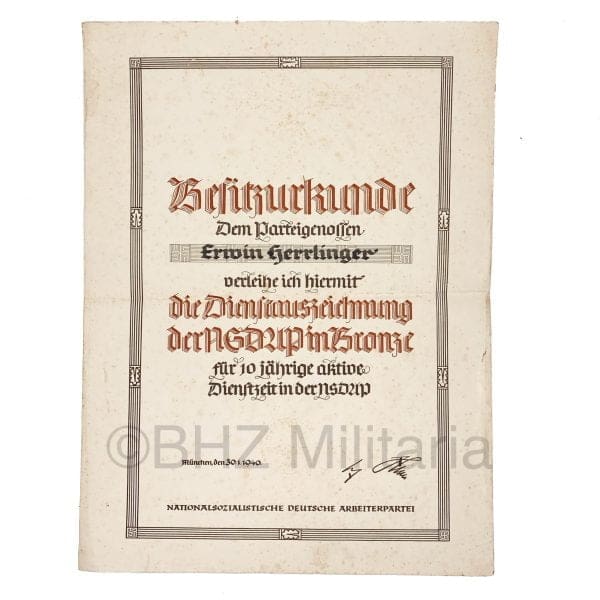 Besitzurkunde Dienstauszeichnung der NSDAP in Bronze