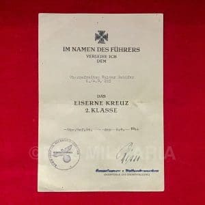 Certificate Iron Cross 2. Class signed by Generalleutnant Walther Risse