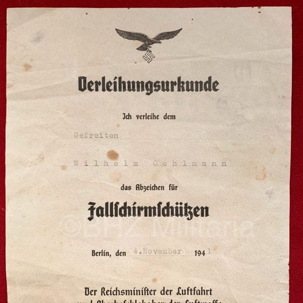 Certificaat Fallschirmschützen Gustav Kastner-Kirdorf