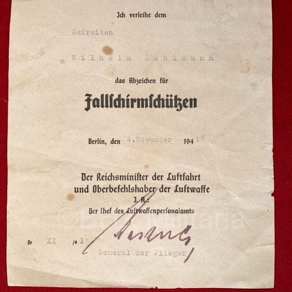 Certificaat Fallschirmschützen Gustav Kastner-Kirdorf