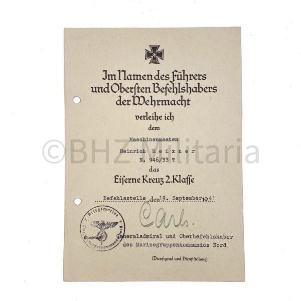 EK2 Document Maschinenmaaten MS Cobra 1941