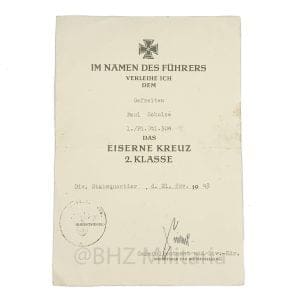 Oorkonde IJzeren Kruis 1939 2e Klasse - Ernst Sieler