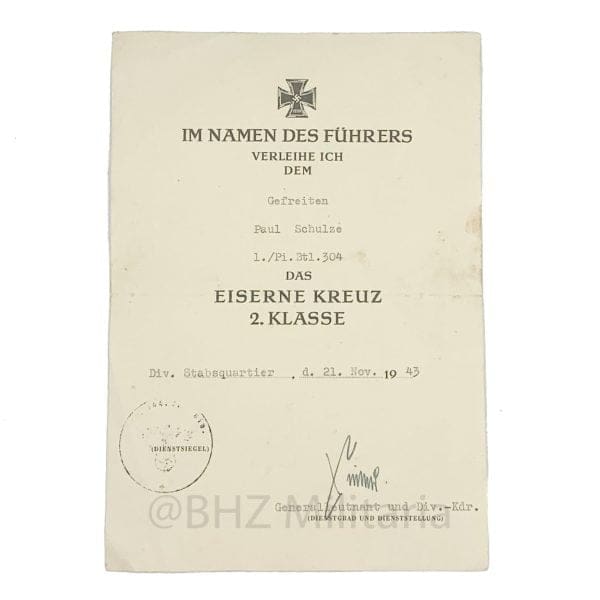 Certificate Iron Cross 1939 2nd Class - Ernst Sieler
